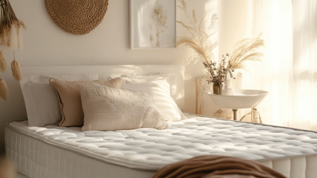 Bright and airy bedroom scene featuring a cozy mattress and elegant decor. Natural light enhances the serene atmosphere with soft textiles and stylish accents.の素材