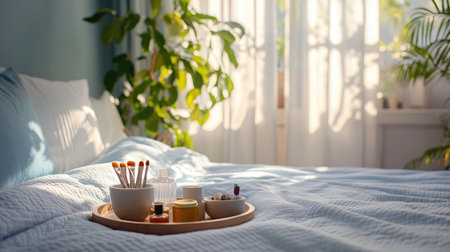 A serene bedroom scene featuring a wooden tray with beauty products on a soft bed. Sunlight filters through the curtains, enhancing the cozy atmosphere.の素材