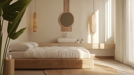 A serene minimalist bedroom featuring a wooden bed, cozy textiles, and natural light. The decor embraces simplicity, creating a peaceful ambiance.の素材