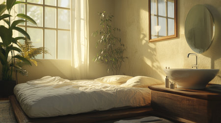 Bright and inviting bedroom filled with natural light. Features soft bedding, modern decor, and abundant greenery, promoting a peaceful and relaxing atmosphere.の素材