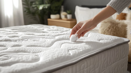 A hand carefully places a fresh white mattress protector on a cozy bed. The soft bedding reflects comfort and cleanliness, enhancing the tranquil sleeping environment.の素材