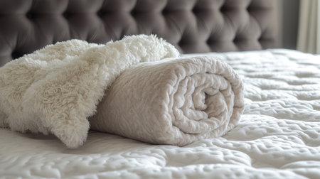 A cozy soft blanket is elegantly rolled on a bed, accented by a plush white throw. This inviting scene enhances a peaceful and relaxing ambiance in the bedroom.の素材