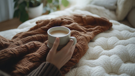 A cozy morning scene featuring a hand holding a hot beverage, complemented by a warm knitted blanket, creating a feeling of relaxation and comfort in a serene indoor setting.の素材