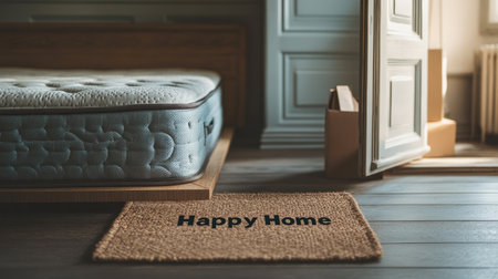 A warm welcome mat featuring "Happy Home" invites comfort and tranquility into a stylish interior space, perfect for creating a cozy entrance.の素材