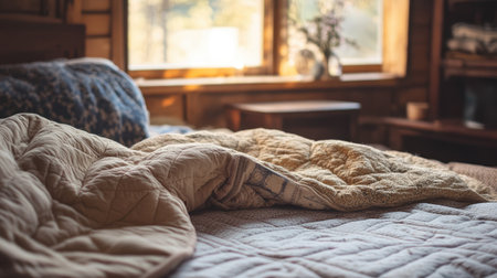 A cozy interior scene featuring a bed with soft blankets, bathed in warm morning light. The inviting atmosphere exudes comfort and tranquility, perfect for relaxation.の素材