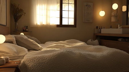 A cozy bedroom featuring soft linens, gentle lighting, and minimalistic decor. Perfect for evoking relaxation and warmth, this inviting space is ideal for restful moments.の素材