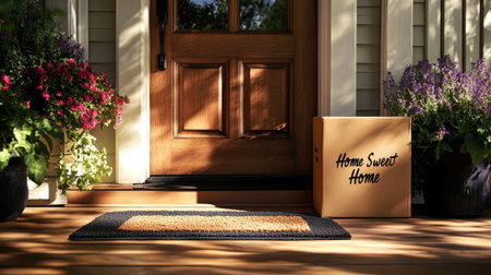 A charming home entrance with a delivery box and vibrant flowers, inviting a warm welcome. Perfect for depicting a cozy, serene atmosphere of home.の素材