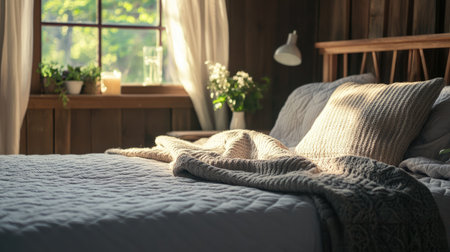 This cozy bedroom scene captures a serene atmosphere with warm textiles and natural light streaming through curtains, perfect for relaxation and comfort.の素材