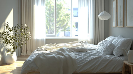 A tranquil bedroom filled with natural light, featuring cozy bedding and greenery. The soft textures and modern decor create a serene atmosphere for relaxation.の素材