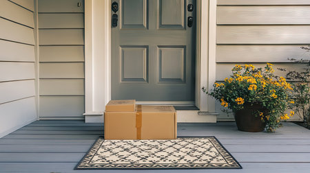 A charming front porch scene featuring two brown packages on a welcome mat, accompanied by a vibrant flower pot, offering a warm invitation to visitors.の素材