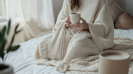 A serene indoor scene featuring a person wrapped in a cozy blanket, holding a warm cup of coffee, evoking feelings of relaxation and comfort in a tranquil space.の素材