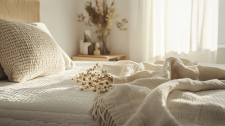 A serene bedroom scene featuring soft fabrics, a cozy blanket, and natural elements creating a warm and inviting atmosphere for relaxation and comfort.の素材
