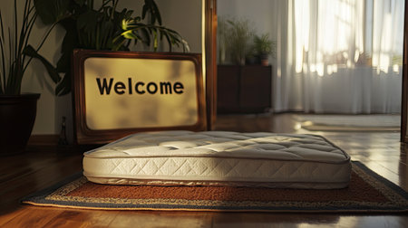 A cozy living room scene featuring a mattress on the floor, bathed in warm sunlight, with a welcoming sign nearby, perfect for a homey atmosphere.の素材