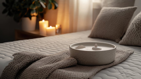 A cozy bedroom showcasing soft textures and calming elements. The inviting decor features gentle lighting, candles, and modern accessories for a tranquil atmosphere.の素材
