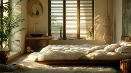 A tranquil minimalist bedroom scene featuring soft textures, natural light streaming through wooden blinds, and elements of nature to create a serene atmosphere.の素材
