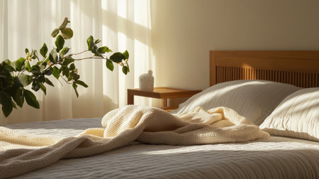A serene bedroom scene featuring soft textiles, natural light, and a touch of greenery. This inviting space captures the essence of comfort and relaxation.の素材