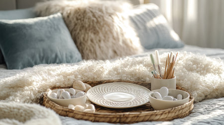 A serene bedroom setting featuring a natural decor with a woven tray, decorative stones, and soft textiles. Ideal for cozy and inviting interior themes.の素材