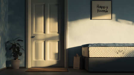 A serene bedroom scene featuring a mattress beside a door. The sunlight casts soft shadows, creating a warm and welcoming atmosphere. A plant enhances the tranquility of this inviting space.の素材