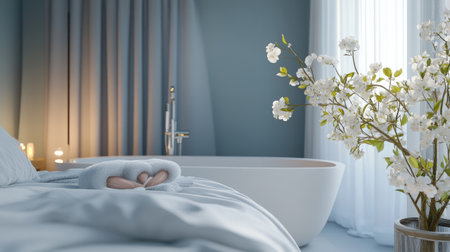 A serene bathroom setting featuring soft towels, elegant floral accents, and a modern bathtub. Perfect for conveying relaxation and tranquility in interior design.の素材