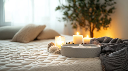 A serene bedroom scene featuring soft pillows, calming candles, and decorative accents. Perfect for showcasing relaxation and comfort in interior design.の素材