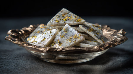 A sophisticated arrangement of delicate dessert treats adorned with shimmering gold decorations, displayed on an elegant vintage plate against a dark background.の素材