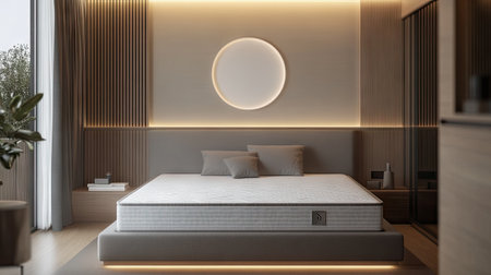 A stylish modern bedroom featuring a minimalistic design, ambient lighting, and a comfortable mattress. Ideal for showcasing contemporary home interiors.の素材