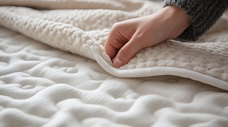 A close-up view of a hand pulling back a soft and cozy blanket from a comfortable mattress, showcasing the inviting texture and warmth perfect for relaxation and sleep.の素材