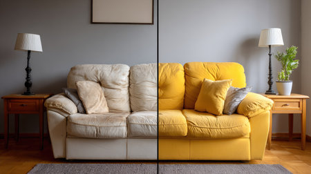 An elegant living room featuring a stylish sofa with a bold yellow and white color contrast. The cozy setting invites relaxation and showcases modern decor with a warm ambiance.の素材