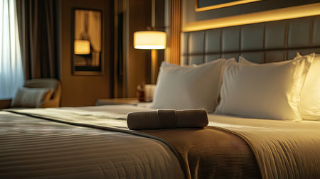 Elegant hotel room featuring a beautifully made bed with soft linens and a neatly rolled towel, creating an inviting and cozy atmosphere for relaxation.の素材