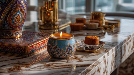 A beautifully arranged tabletop featuring an ornate candle, sweet delicacies, and elegant decor items, creating a warm and inviting ambiance.の素材