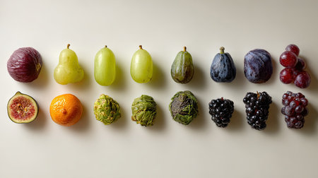 A visually appealing arrangement of fresh fruits on a light background, showcasing a variety of colors and textures, perfect for healthy eating concepts and food art.の素材