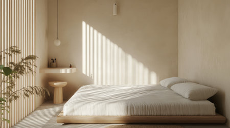 A serene minimalist bedroom featuring soft linens, wooden furniture, and gentle natural light streaming through slatted walls, creating a tranquil space for relaxation.の素材