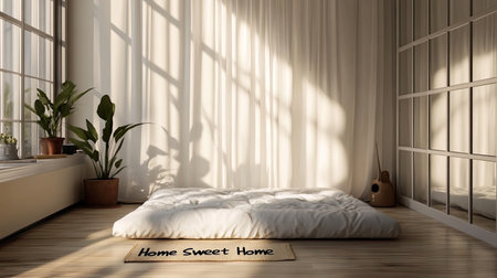 A serene minimalist living space featuring soft bedding and plants. Natural light filters through sheer curtains, creating a peaceful atmosphere filled with comfort and tranquility.の素材
