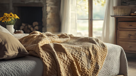 A serene bedroom setting featuring a cozy bed with a warm quilt, inviting natural light through the window, creating a tranquil atmosphere perfect for relaxation.の素材