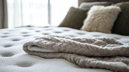 A serene bedroom featuring a cozy bed with a soft blanket and decorative pillow. Natural light filters through the window, creating a relaxing atmosphere.の素材