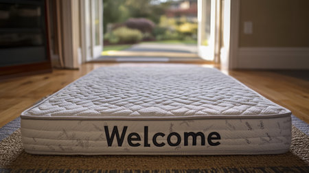 This cozy welcome mat in a bedroom adds warmth and charm, inviting guests through an open door bathed in natural light, blending comfort with style.の素材
