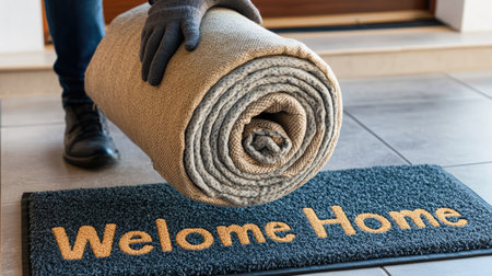 A welcoming scene featuring a rolled rug above a doormat, perfect for adding warmth and comfort to any home entrance, creating a cozy ambiance.の素材