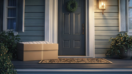 A warm and inviting scene featuring a package resting on a front porch. The elegant door and soft light enhance the welcoming atmosphere of home delivery.の素材