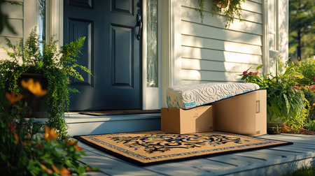 A charming front porch setting featuring a comfortable seating area with delivery boxes, a decorative mat, and lush plants, evoking a welcoming atmosphere.の素材