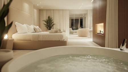 Experience tranquility in this modern spa room featuring a bathtub, cozy furnishings, and an inviting ambiance designed for ultimate relaxation and comfort.の素材