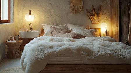 Experience the comfort of a modern bedroom featuring soft textures, warm lighting, and a serene atmosphere, perfect for relaxation and stylish living.の素材