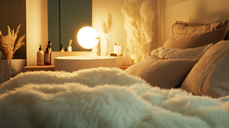 This cozy bedroom scene features soft textiles, warm lighting, and minimalist decor, creating an inviting atmosphere perfect for relaxation and rest.の素材