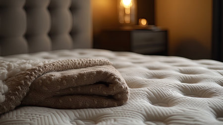 A cozy bedroom scene featuring a soft blanket draped over a plush mattress. Warm ambient lighting creates a tranquil atmosphere, perfect for relaxation and comfort.の素材