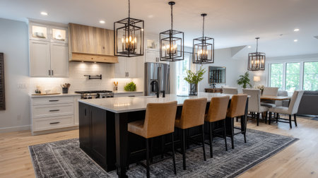This modern kitchen features a spacious design with an inviting island, elegant light fixtures, and stylish decor, perfect for gatherings and entertaining.の素材