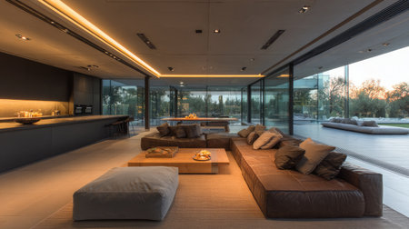 A beautifully designed modern living space featuring minimalist decor and large windows that invite natural light, creating a warm and inviting atmosphere.の素材