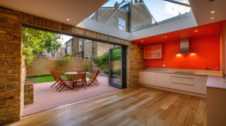 Bright and modern kitchen designed with an open layout, featuring large glass doors that lead to an inviting outdoor dining area and vibrant walls.の素材