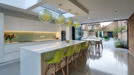 This modern kitchen features a sleek countertop, stylish green bar stools, elegant pendant lights, and an open layout that creates a bright, inviting atmosphere.の素材