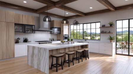 This modern kitchen features elegant wooden accents, a spacious layout, and ample natural light, creating a cozy and inviting cooking environment.の素材