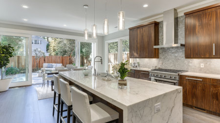 This stunning modern kitchen features a sleek marble island and stylish fixtures, offering a bright and inviting atmosphere with beautiful outdoor views.の素材