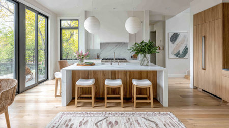 Experience a stylish kitchen showcasing modern design with white marble, wood elements, and bright natural light for a welcoming atmosphere.の素材